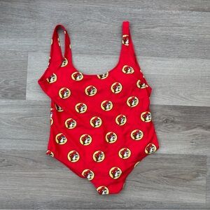 Buc-ee’s Red Women’s One Piece Swimsuit with Yellow Beaver Print in Size XL